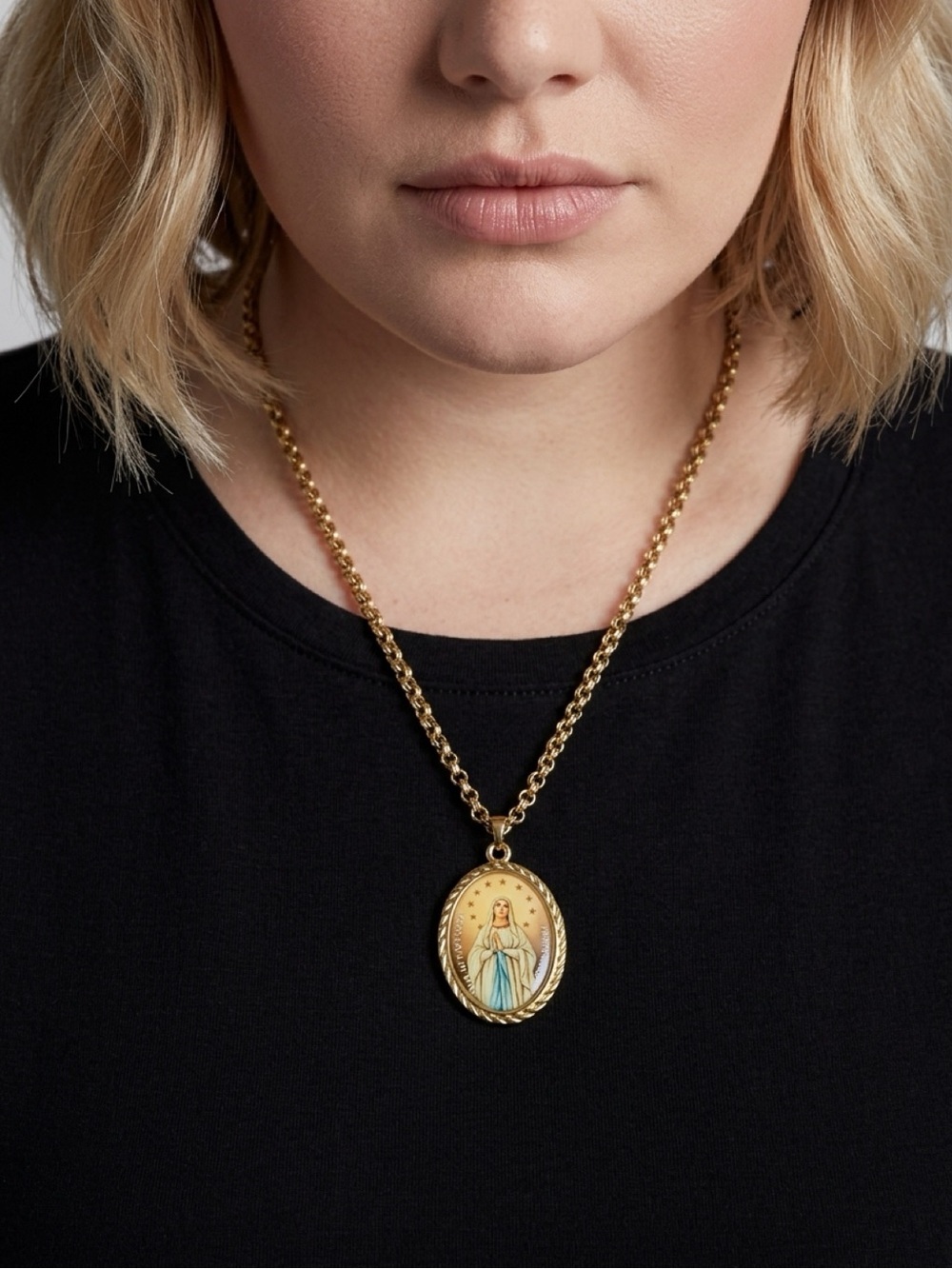 Gold Tone Cable Chain Necklace Oval Our Lady of Lourdes Medal Pendant (l24)